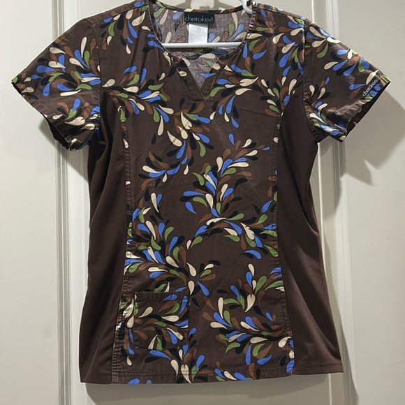 Cherokee womens pullover flex scrub top short sleeves w/ pocket size XS brown - Picture 1 of 9